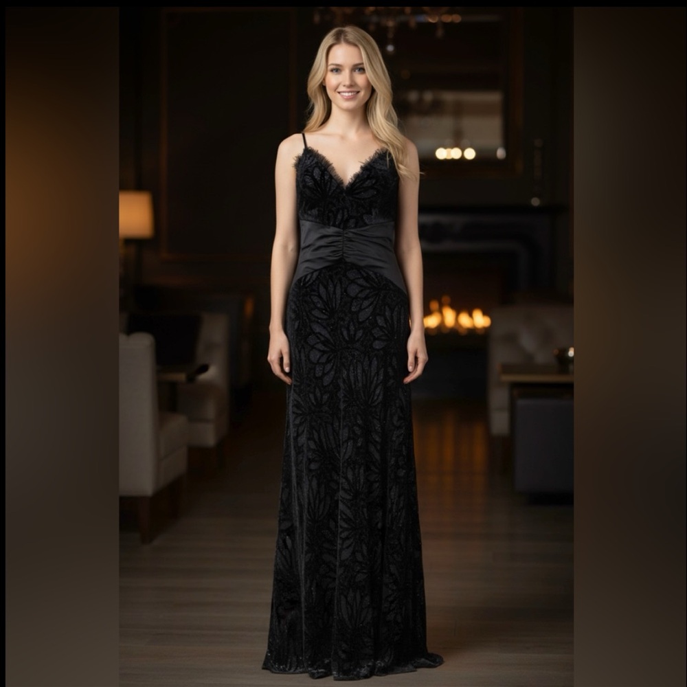 Vintage 90s Sue Wong Black Burnout Velvet Silk Beaded Maxi Dress  Size 10